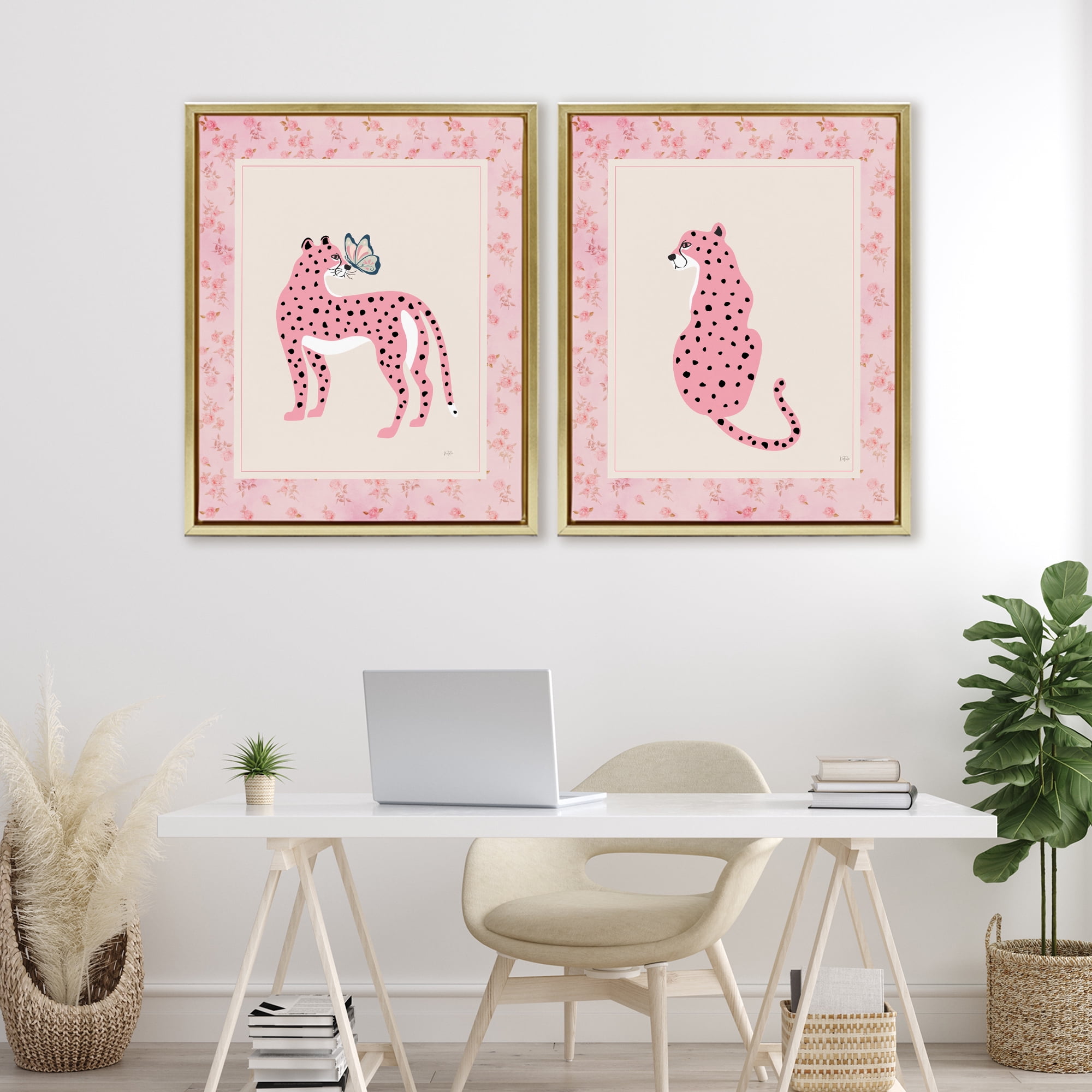 Stupell Industries Pink Leopard & Floral Border 2 Piece Gold Framed Floater Canvas Set, design by Natalie Carpentieri