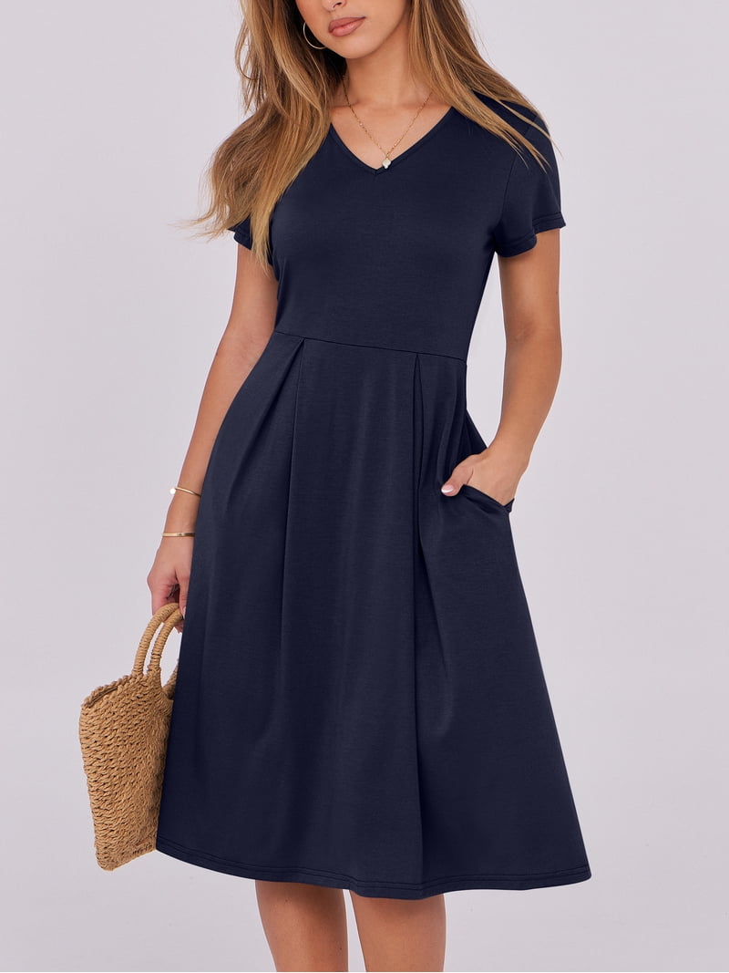 knee length navy blue casual dress ANRABESS Women Summer Short Sleeve V Neck A-Line Pleated Flowy 2026 Fashion Midi Dresses with Pocket Hot Pink Medium Ilona Polka Dot Mini