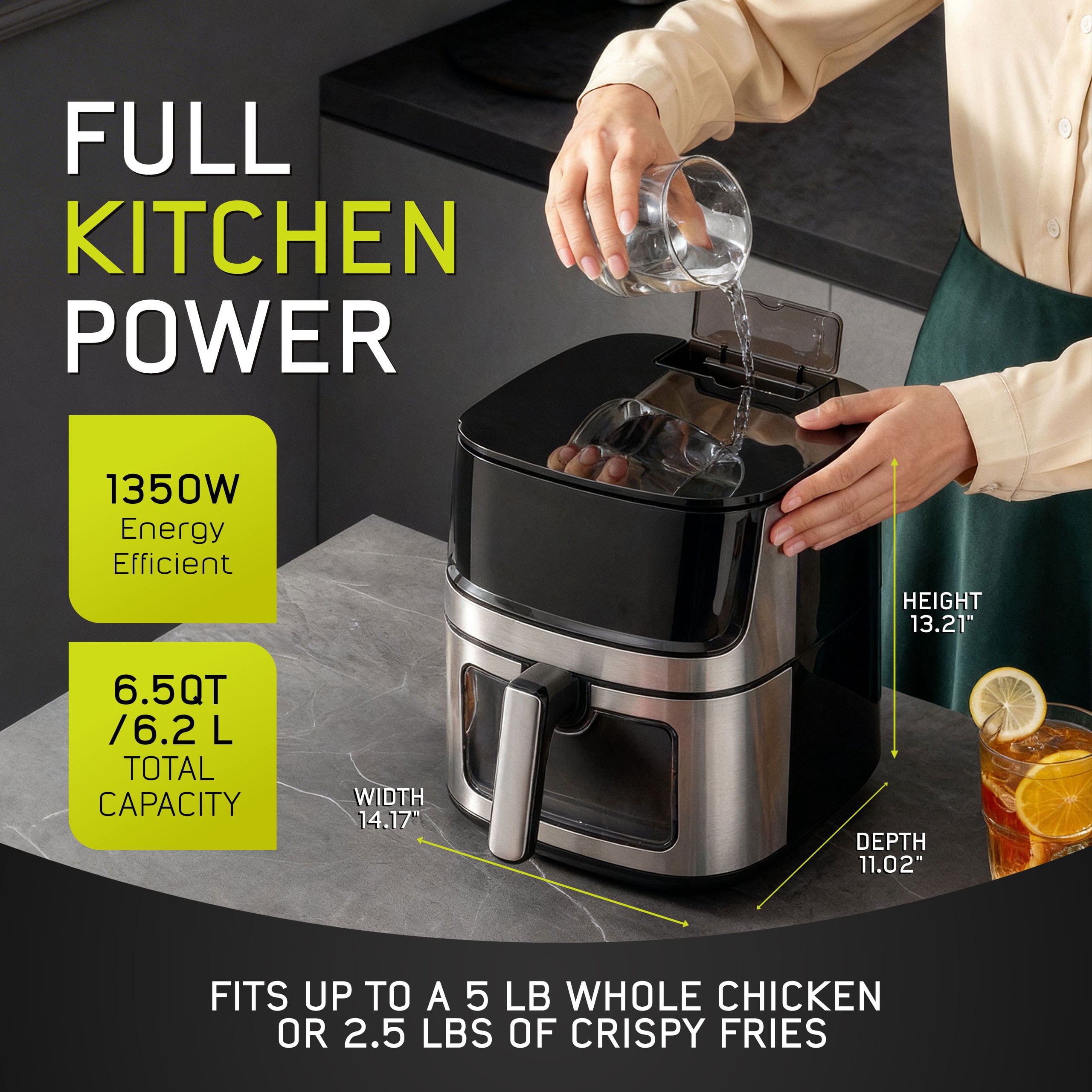 Universal (6.5 QT) Large Air Fryer with Moisture Spray—Crispy Outside, Juicy Inside, Stainless Steel Digital Air Fryer, 10 Presets, Dual Window, Easy Clean, Black