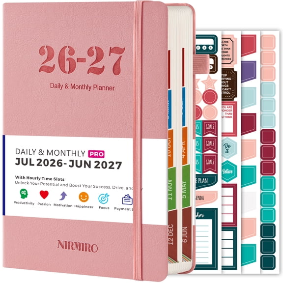 NIRMIRO 2026-2027 Academic Planner, (Jul.2026-Jun.2027) Leather Cover Daily & Monthly Planner with 12 Tabs, 5.6"x8.3", Hourly Schedules & 4 Stickers, for Students & Teachers