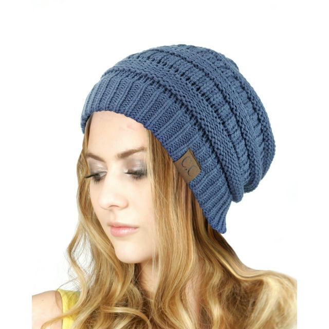 Trendy Warm Chunky Soft Stretch Cable Knit Slouchy Beanie Skully HAT20A-Dark Denim
