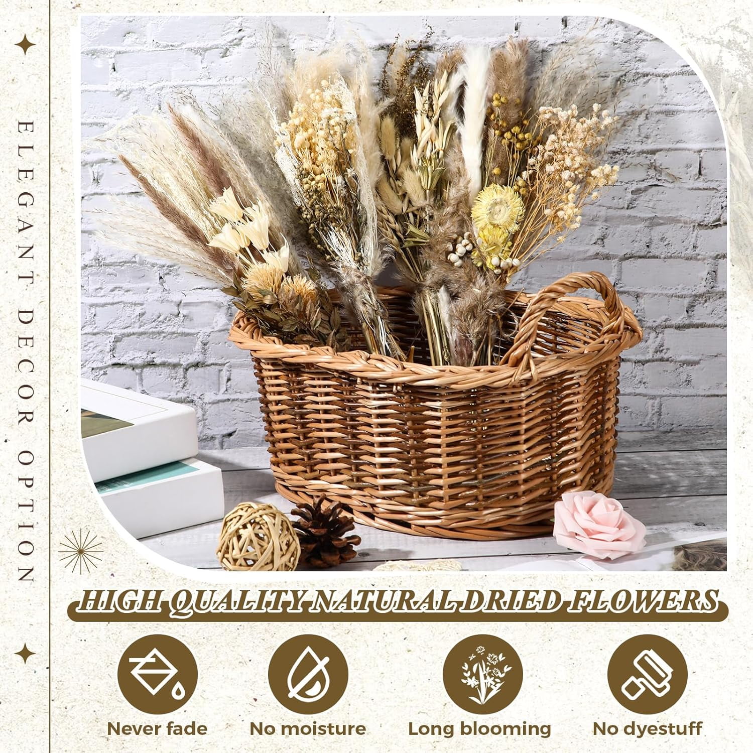 4 Pack Large Size Boho Dried Flower Bouquet 15-17 Inch Wedding Handmade Dry Flowers for Vase Crafts DIY Photo Boutonniere for Men Floral Plant for Bridesmaid Gift Birthday Decor(Classic)