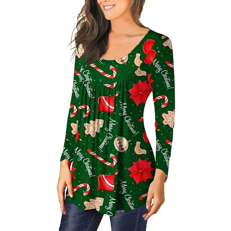 Christmas Apparel Graphic Tunic Shirts for Women Long Sleeve V