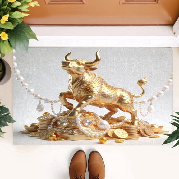 Golden Bull Gemstone Doormat Rich Gold Ox Welcome Door Mat Kitchen Floor Mat Small Area Rug for Indoor Outdoor Entrance