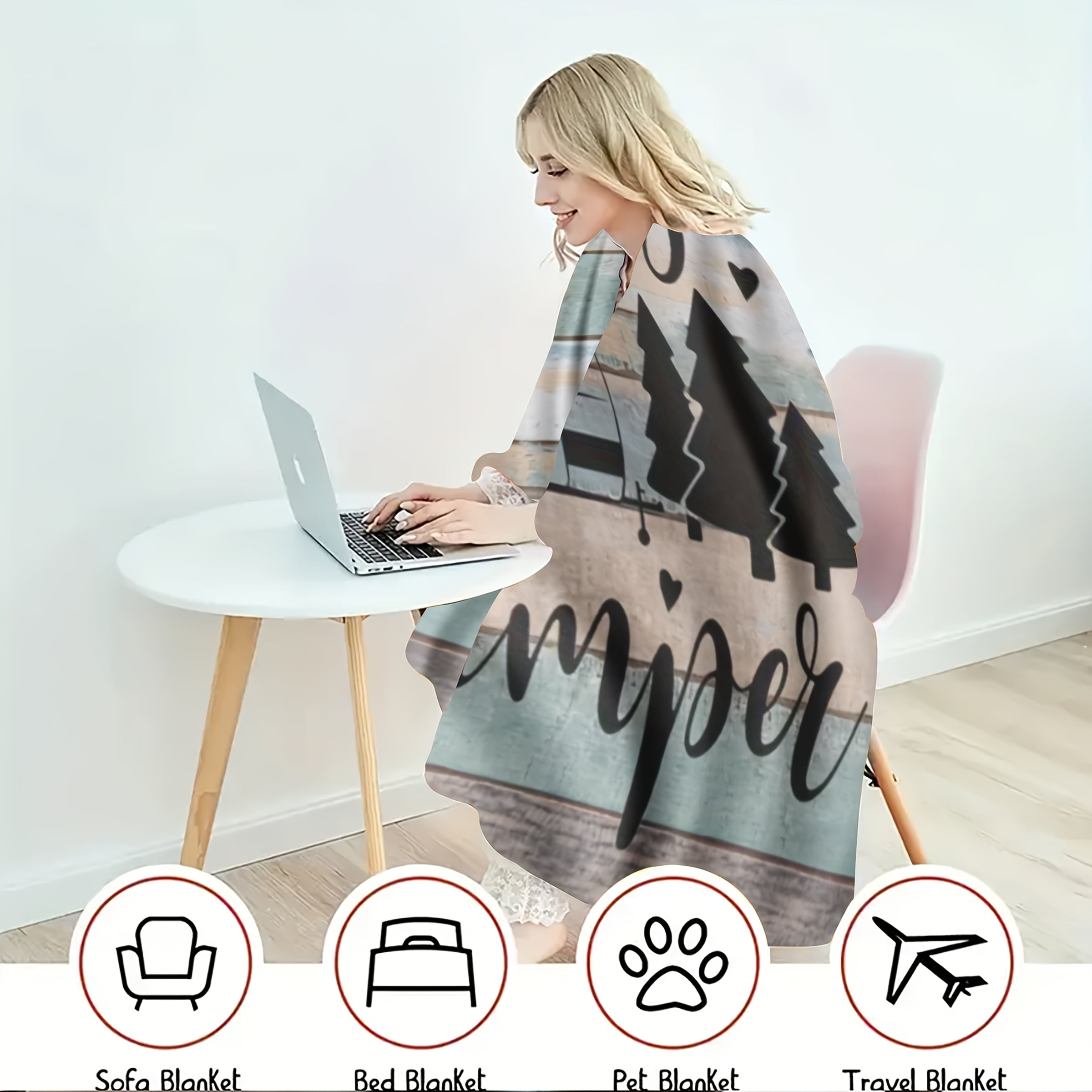 Cozy "Happy Camper" Flannel Throw Blanket Ideal for Sofa Office Bed Chair Travel Lightweight All Season Camping Decor with Vintage Van Pine Tree Design Perfect Gift for Men Women Camping