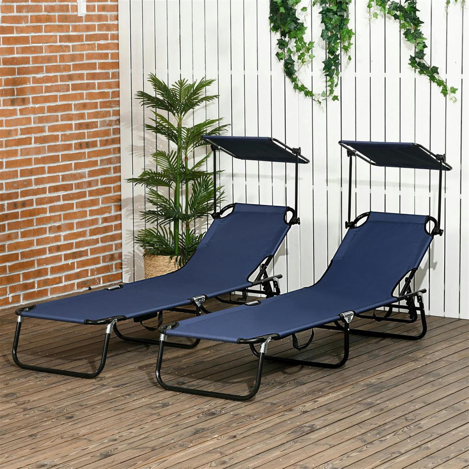 Demi Bonn Outdoor Folding Chaise Lounges Set of 2 with Canopy, Steel Frame, Side Pockets, Reclining Sun Chairs for Beach, Yard, Patio, Blue