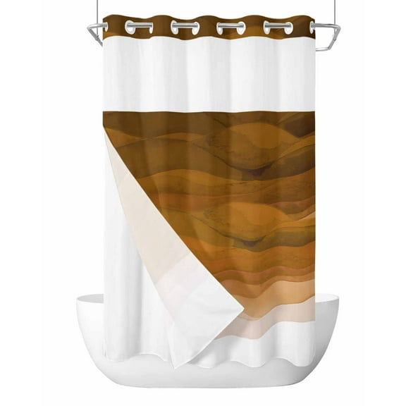 No Hook Shower Curtain with Snap-in Liner, Burnt Orange Waves Waterproof Fabric Bathroom Curtains, Ombre Coastal Ocean Water Abstract Bath Curtains & Mesh Top Window Stand Up Stall 36"x72"