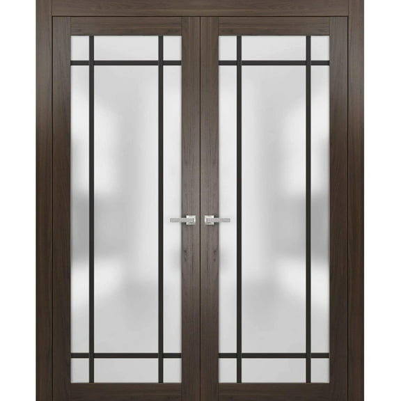 Solid French Double Doors 36 x 80 inches | Planum 2112 Chocolate Ash Frosted Glass | Wood Solid Panel Frame Trims | Closet Bedroom Sturdy Doors