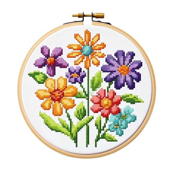 Cartoon Simple Little Flower DIY 11CT Stamped Cross Stitch Kits Easy for Beginners Children with Hoop Needlepoint Counted Embroidery Kits Art Craft Wall Decor 12x12inch(62)