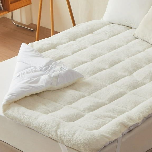 Lakora Warm Sherpa Mattress Topper,Twin Mattress Pad Two-Sided Pillow Top Thick Fleece Soft Mattress Protector, Machine Washable,White