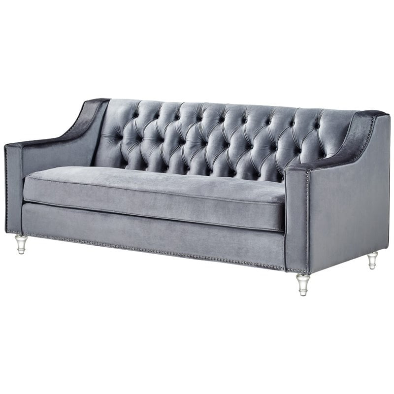 Jackson Grey Velvet Sofa - Button Tufted - Lucite Acrylic Legs