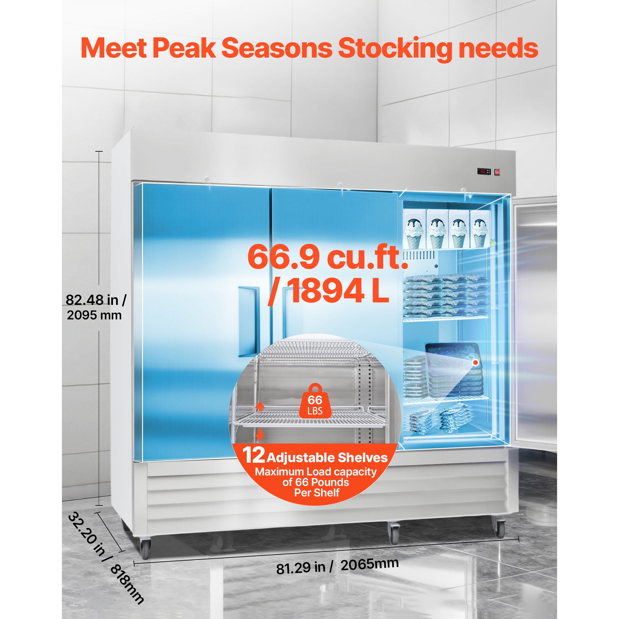 KFFKFF Commercial Stainless Steel Upright Freezer, 85" Wide, 69 Cu.Ft Capacity with Three Doors, Auto-Defrost, 12 Adjustable Shelves, -11 to 14℉ Temperature Range, ETL Certified