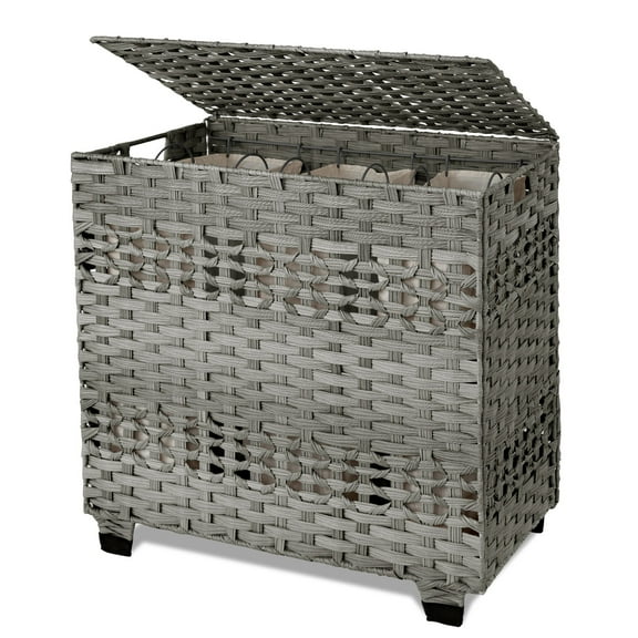 CHERISHGARD Laundry Hamper 135L Handwoven Rattan Laundry Basket with Lid & Heightened Feet 3 Removable Liner Bags 26x13x26 Inches