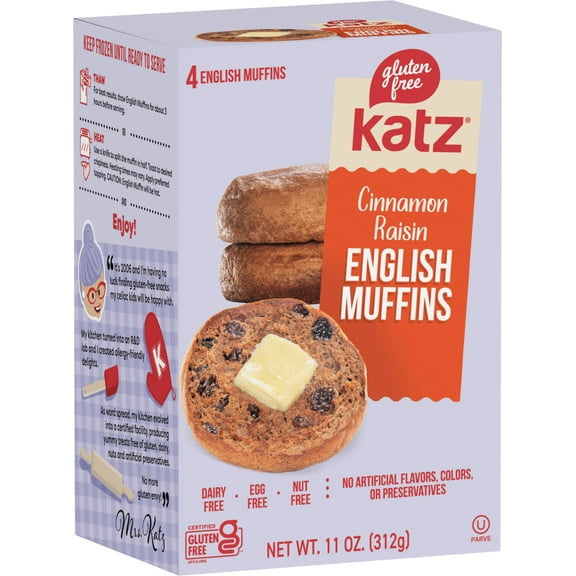 Katz Gluten Free Cinnamon Raisin English Muffins |Gluten Free, Dairy Free, Nut Free, Eggs Free, Kosher | (1 Pack, 11.0 Ounce Each)