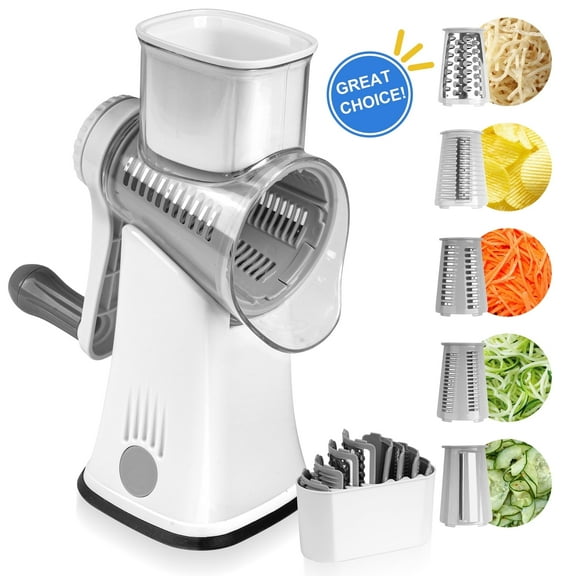Qissep 5 in 1 Rotary Cheese Grater with Handle and Strong Suction Base,Vegetable Slicer with 5 Interchangeable Blades,Grater Slicer for Fruit,Vegetables,Nuts