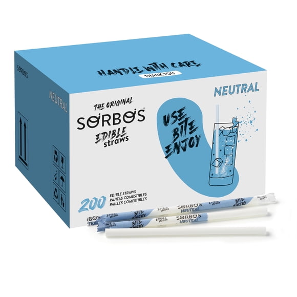 Sorbos Edible Straws, Neutral Flavor, Individually Packaged, No Plastic, No Allergens, No Gluten, No PFAS, 100 Percent Biodegradable, 7.4 Inches Long (Pack of 200)
