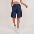 thumbnail image 2 of Bermuda Cargo Shorts Women Wide Leg Pull On High Waisted Elastic Waist Sweat Shorts Knee High Quick Dry Stretchy Sport Shorts with Pocket Dark Blue L, 2 of 7