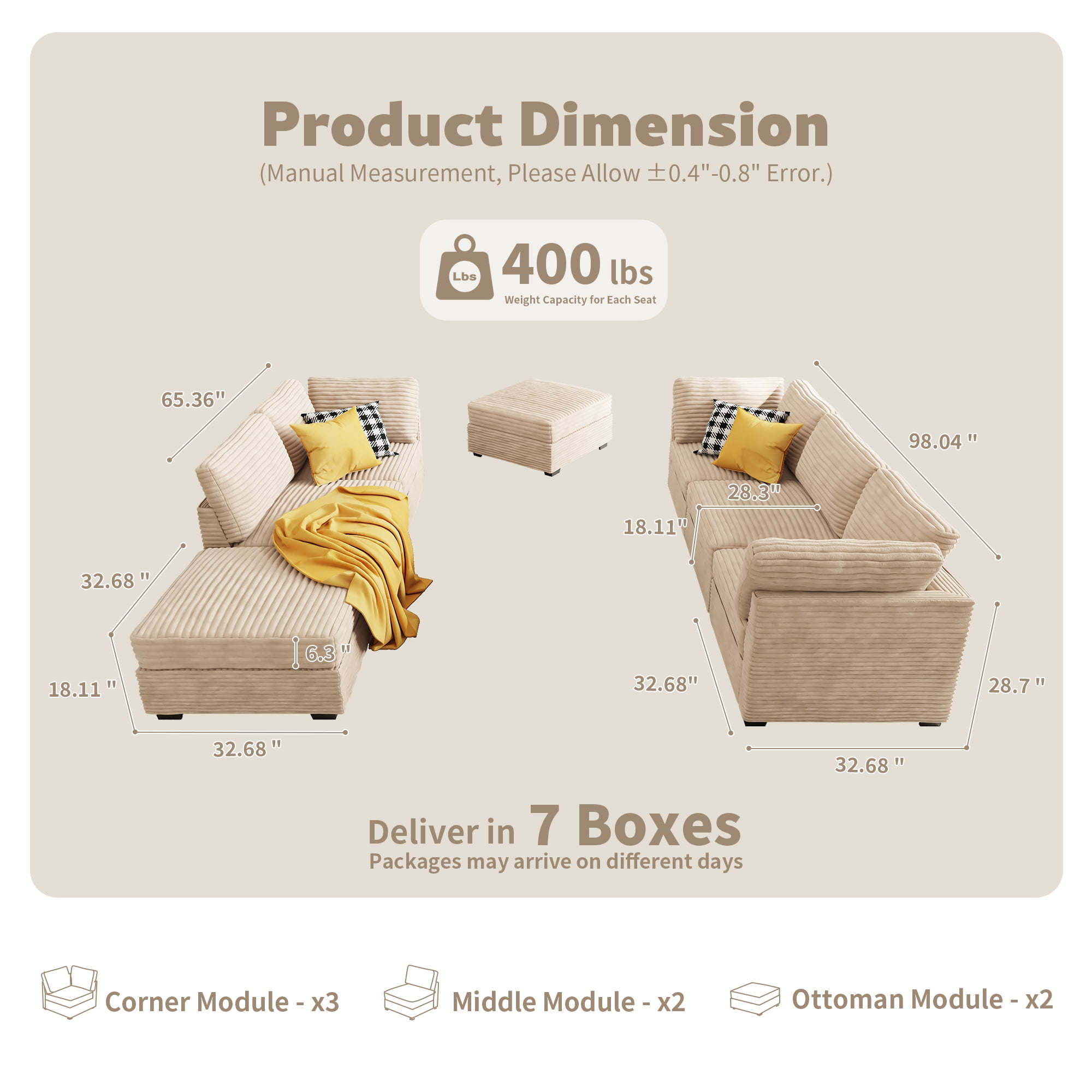 Vcatnet Modular Sectional Sofa Couch Corduroy L Shaped Oversized Modern Minimalist Couch with Deep Seat and Ottoman for Living Room, 5 Seat, Beige