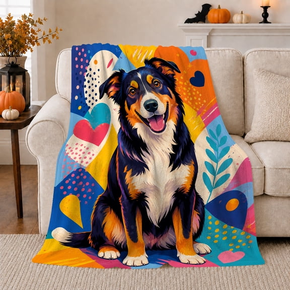 Colorful Australian Shepherd Dog Pop Art, Playful Pet Portrait Pattern, Warm Flannel Blanket for Living Room and Bedroom, Dog Lovers Just Because Gift, Pet Lover Home Decor