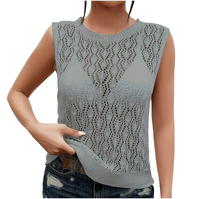 Yuyuzo Veste Chandail pour Femmes au Crochet Sans Manches Haut en Tricot Ajouré Col Ras du Cou Chandail à Enfiler Coupe Ample