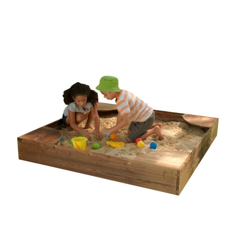 KidKraft Wooden Backyard Sandbox with Built-in Corner Seating and Mesh Cover, Espresso