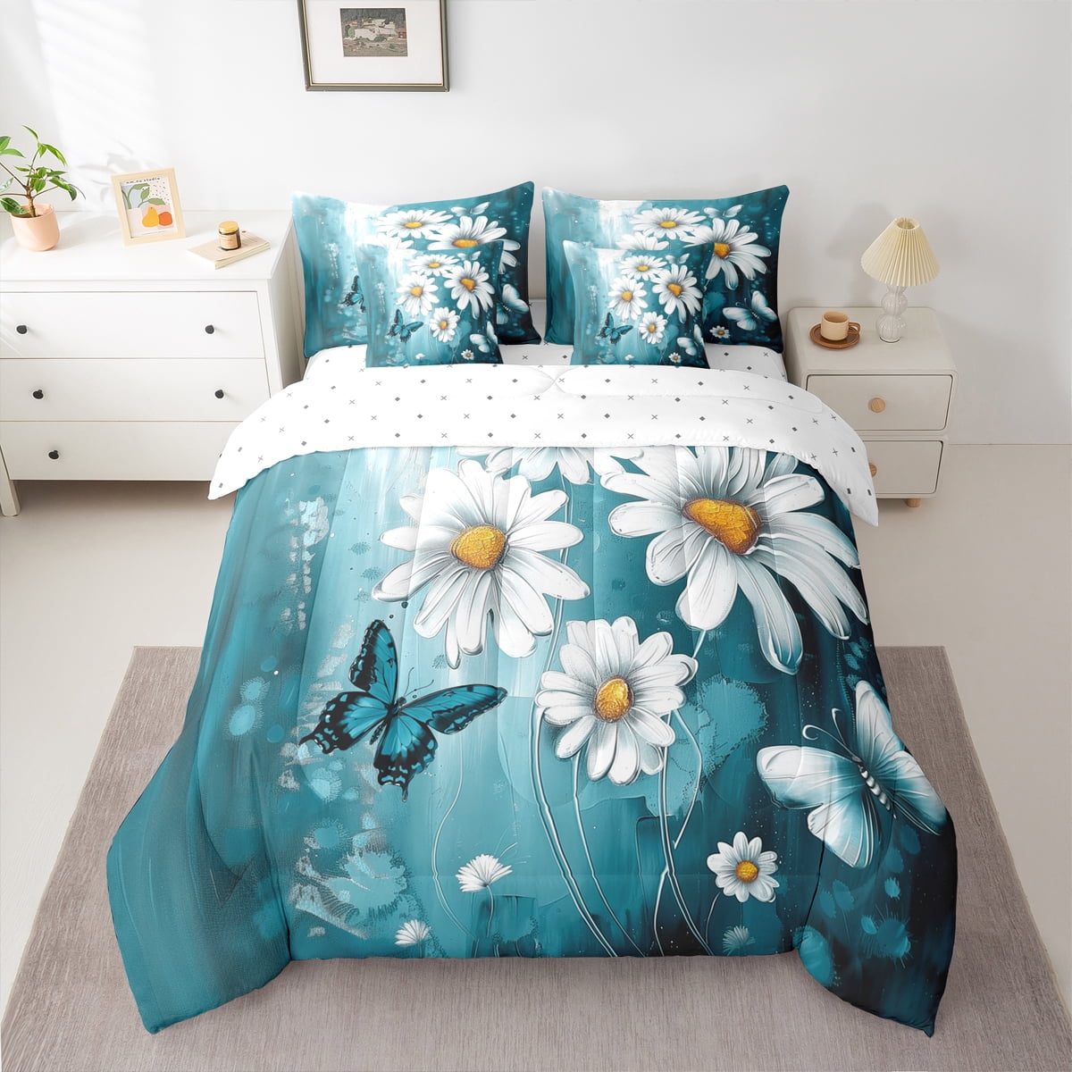 Homewish Blue Country Butterfly 7 Pieces Bedding Comforter Set,Oil Painting Daisy Full Bedding Set,Modern Aesthetic Artistic Fitted Sheet Flat Sheet For Kids,Ultra Soft Home Decor Reversible