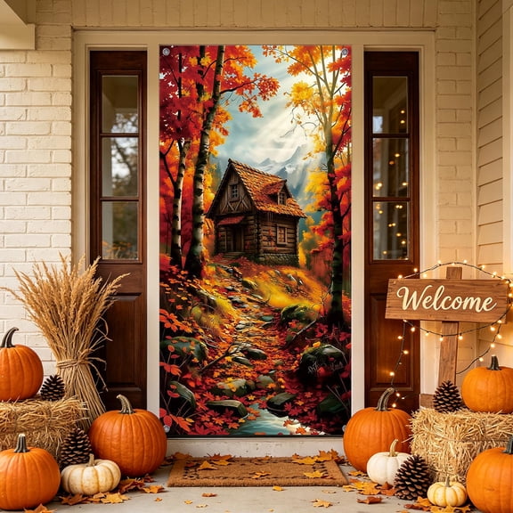 Fall Thanksgiving Halloween Door Curtain, 70.9 x 35.4 inches Polyester Door Cover for Party Garden Wall Decor Festive Backdrop
