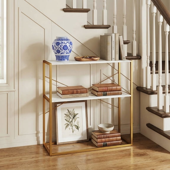 YYAo 36" Console Table with Wooden Open Shelves and Metal Frame, 2-Tier Entryway Table for Hallway, Living Room, White