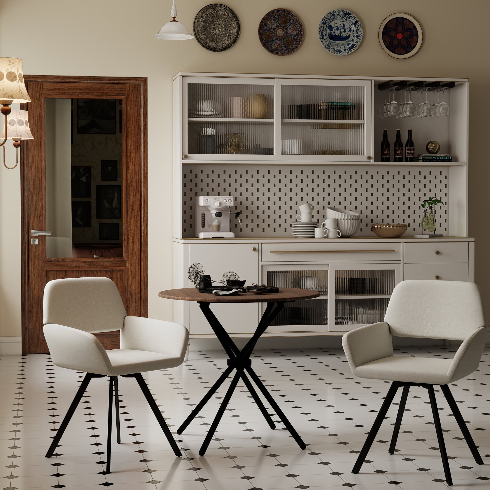 Homy Casa Modern 3-Piece Dining Set with 31.5 inch Faux Wood Round Table and 2 Swivel Chairs, Industrial Style for Small Spaces
