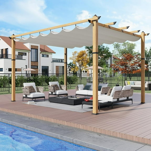 Lumiparty 10x13 FT Outdoor Pergola with Retractable Canopy, Weather-Resistant Aluminum Frame, Modern Patio Shelter for Backyard, Deck, Garden, Beige