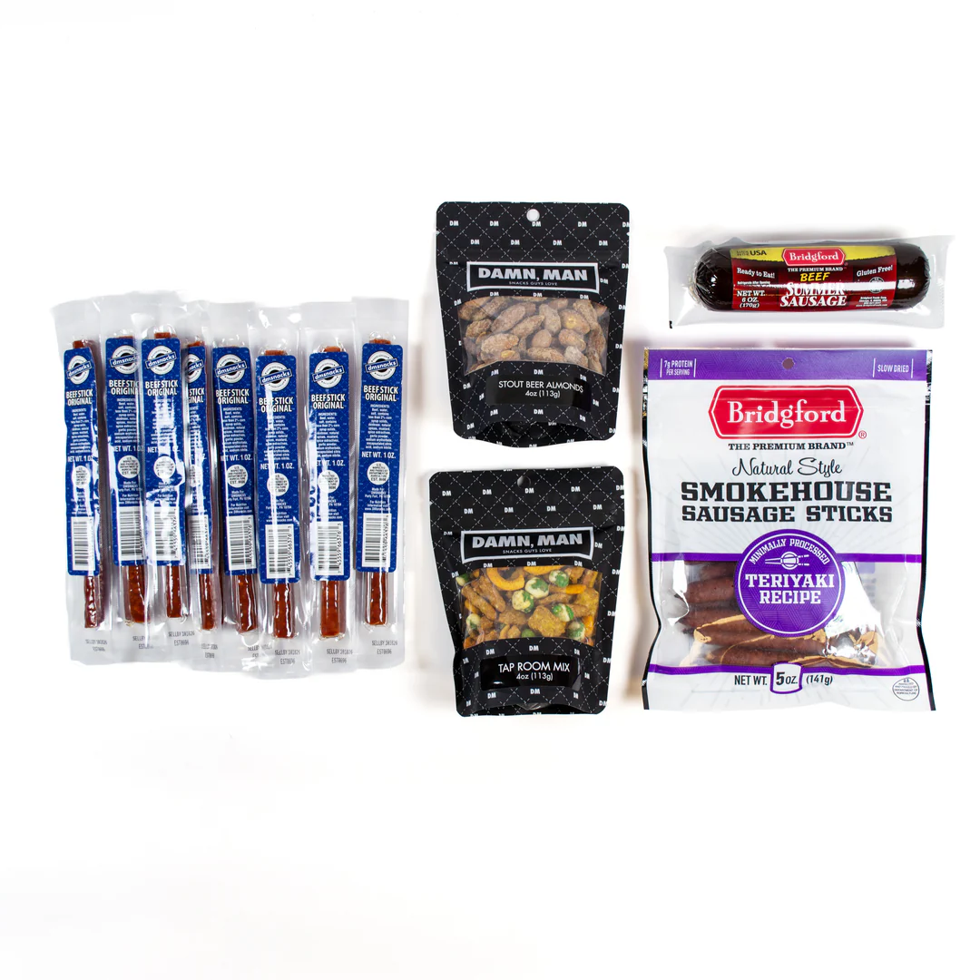 Damn Man Deluxe Beef & Brews Snack Box - 12 Pc Gourmet Gift - Meat Stick & Nuts