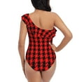 thumbnail image 5 of Zufioo Retro red and Black Houndstooth Print One-shoulder Ruffled One-piece Swimsuit, High Elastic Integrated Removable Chest Pad Swimsuit Suitable for Beach, Pool and Vacation-Medium, 5 of 6