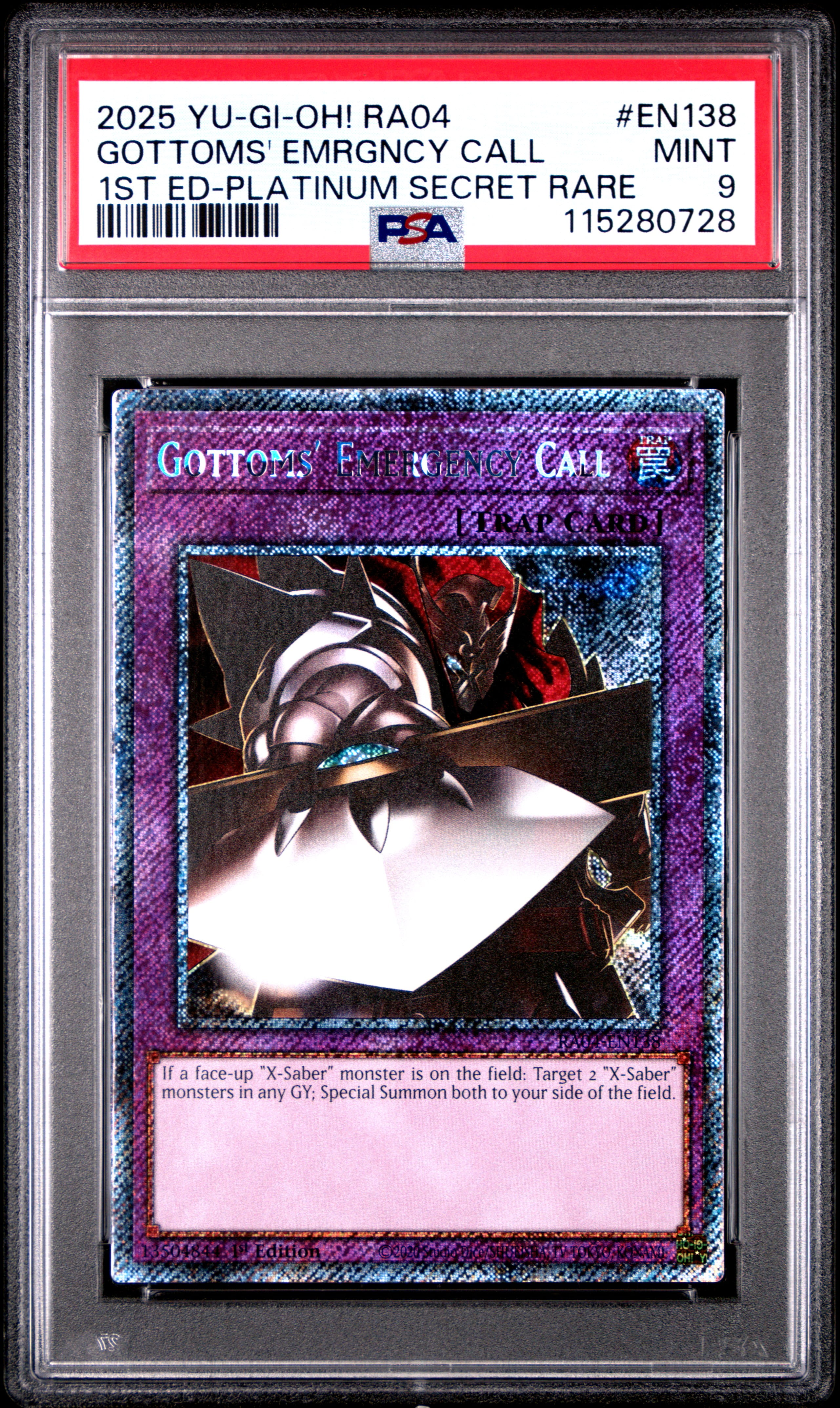 Yu Gi Oh! TCG, PSA Graded 9 MINT, Gottoms' Emrgncy Call 1St Ed Platinum Secret Rare #EN138, Ra04 Quarter Century Stampede, Fully Encapsulated Bundle with Compatible Yu Gi Oh! Hard Sealed Case