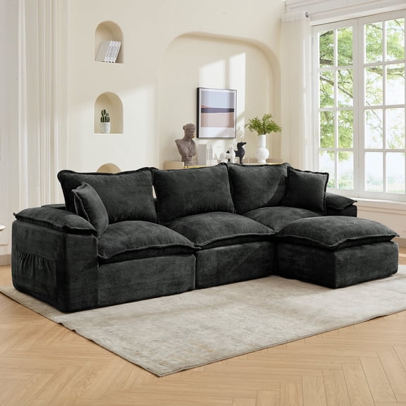 Korser Modular Sectional Sofa with Deep Seat Cozy Double-Layer Cushioned Sofa with Convertible Ottoman, Modern Comfy Cloud Couch 3-seat L-shaped Sofa for Living Room, No Assembly Required,Grey