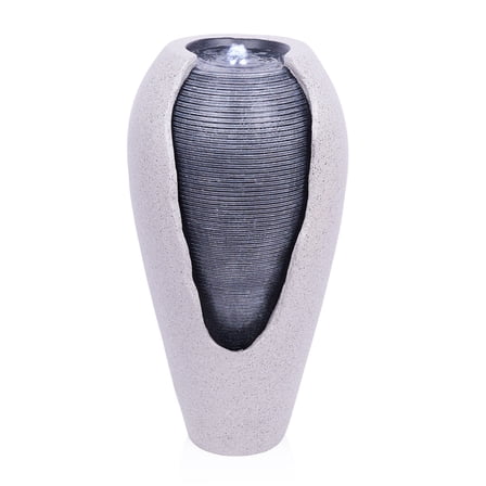 Two Tone Gray Ribbed Jar Floor Fountain with LED Lights