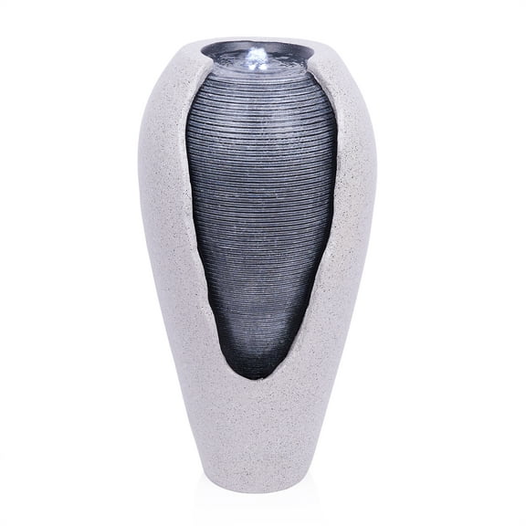 Two Tone Gray Ribbed Jar Floor Fountain with LED Lights