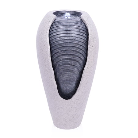 Two Tone Gray Ribbed Jar Floor Fountain with LED Lights