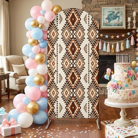 Retro Brown Rectangle Arch Backdrop Covers 5 FT Tribal Classic Geometric Abstract Stretchy Fitted Arched Stand Covers Party Arch Stand Cover Photo Booth for Wedding Birthday Decor