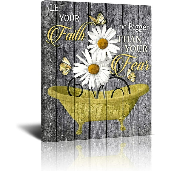 Rustic Farmhouse Daisy Canvas Wall Art Bathroom Decor Brown Blue Daisy In Bathtub Print Paintings Flower Bathtube Picture Modern Home Daisy Artwork Decor for Bathroom Framed Ready to Hang 12x16 Inch