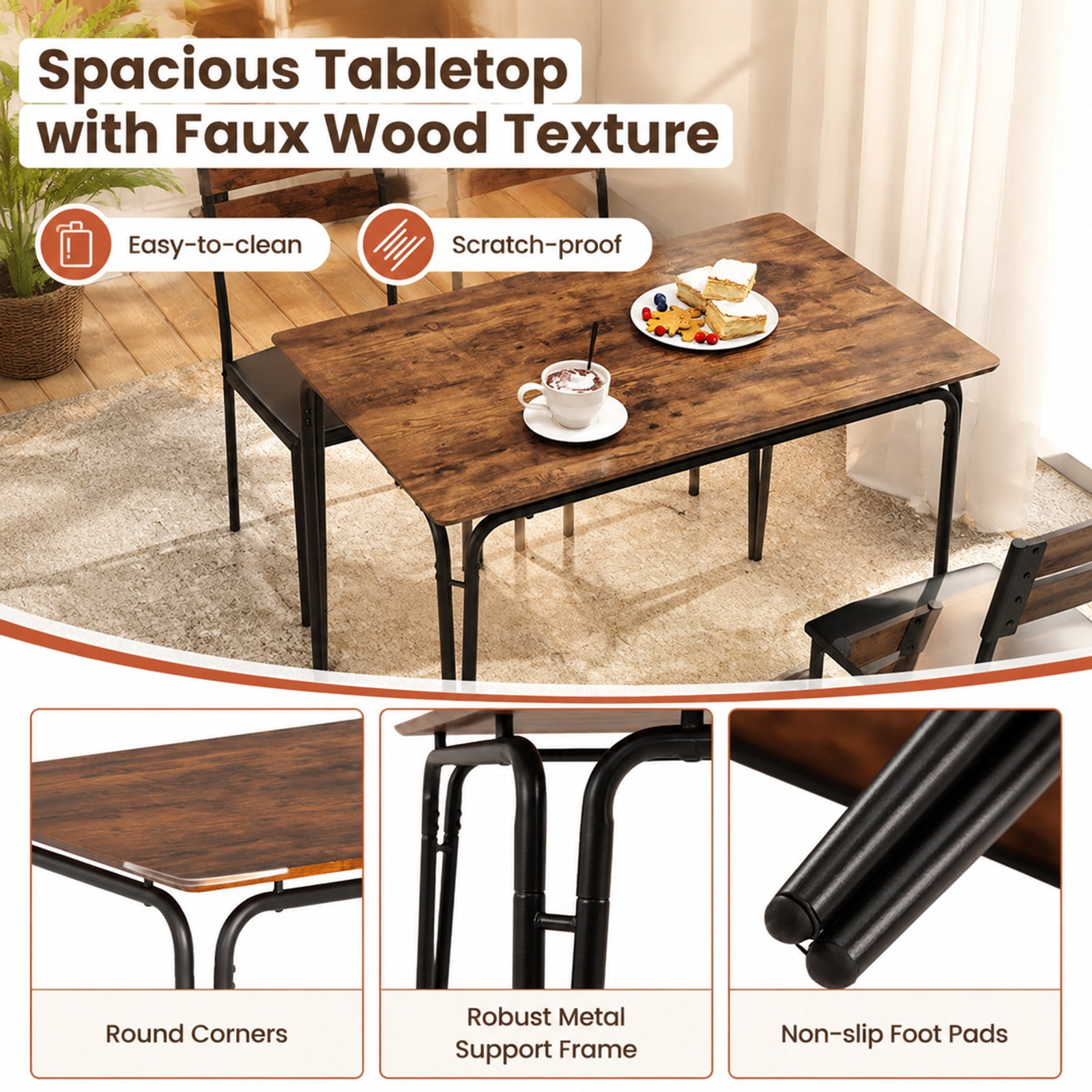 Furnibear 5 Piece Industrial Dining Table Set for 4 with Rectangular Kitchen Table and 4 Armless Upholstered Chairs, Rustic Brown