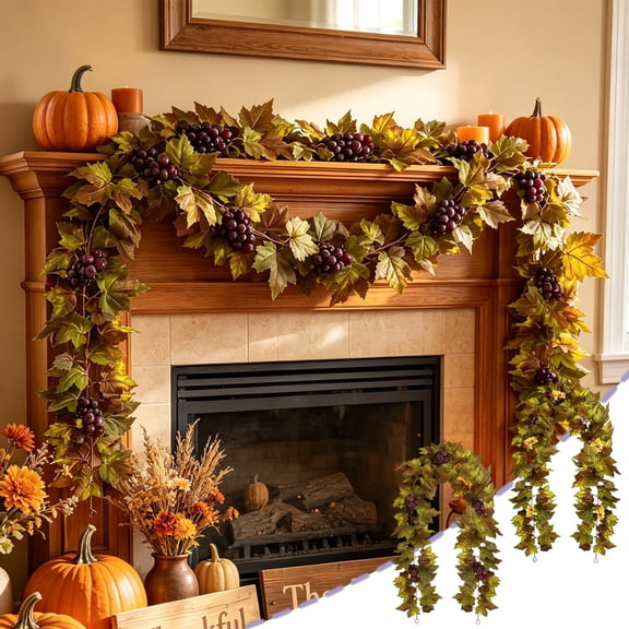 Autumn Simulated Fruit and Maple Leaf Vines, Artificial Fireplace Garland Decoration, Fall Harvest Hanging Vine for Home Wrapping Indoor Outdoor Wall Door Decor, Red