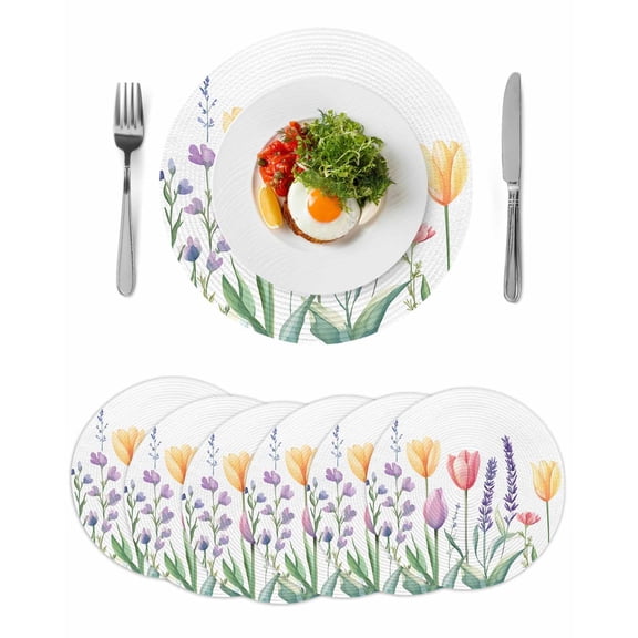 Pastel Watercolor Floral Round Table Placemats set of 6, Tulip Flower Pink Yellow Purple Washable Woven Place Mats for Dining Tables Kitchen Party Decor,Heat Proof, 13in,
