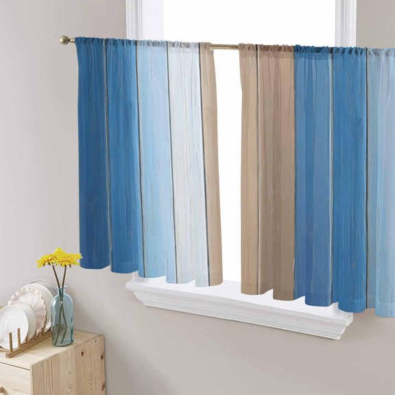 Brown Blue Ombre Semi Sheer Curtains 45 Inch Length 2 Panels Set, Vintage Country Wooden Sheer Kitchen Curtain Privacy Voile Window Curtain for Living Room Bedroom Rod Pocket Drapes