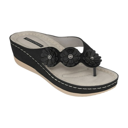 

GC Shoes Women s Wedge Sandals Low Heel Casual Summer Platform w/ Arch Support Thong Slide Comfort Wedges Ammie/Black/9.5
