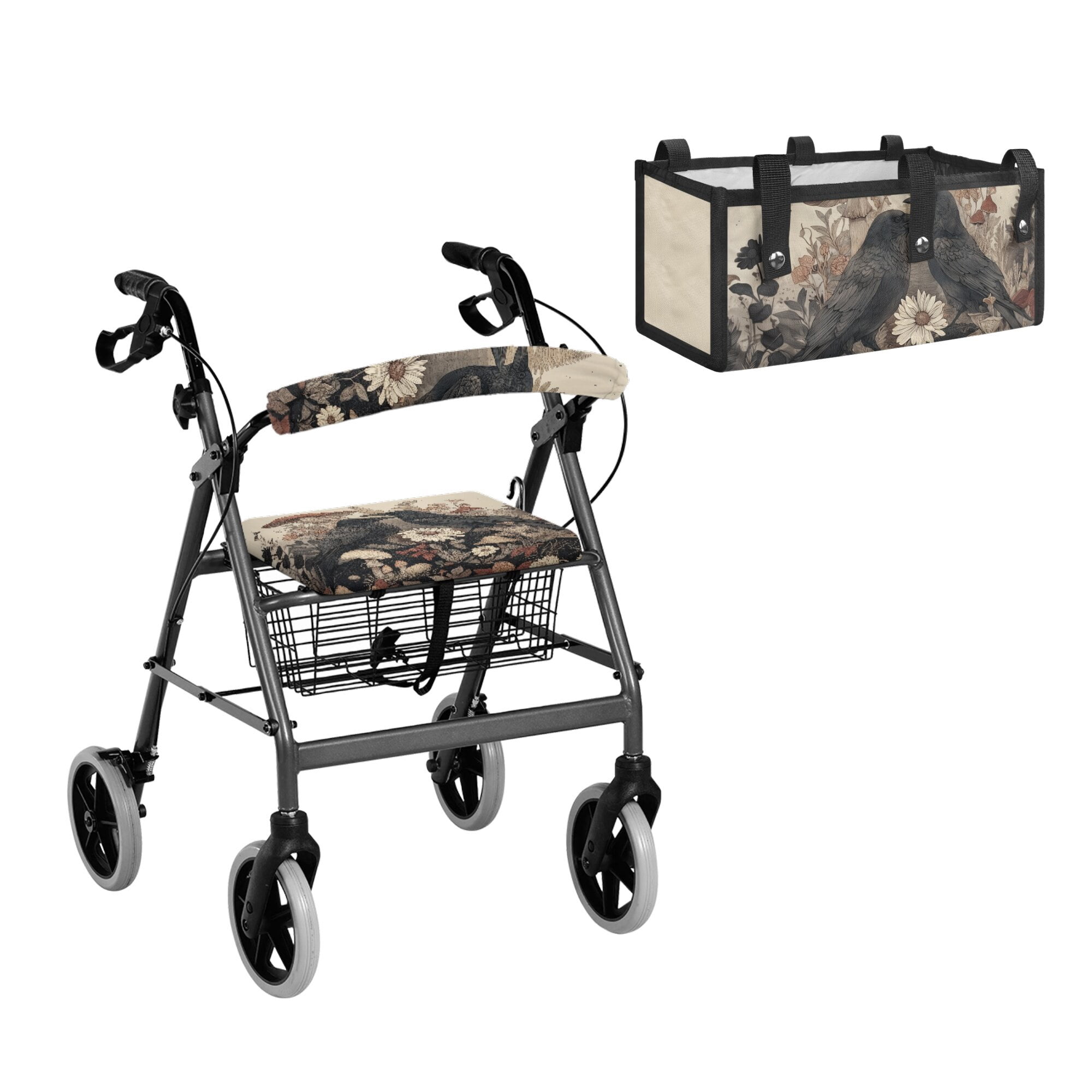 ZIATUBLES Vintage Crow Mushroom Print 3-Pieces Rollator Accessory Set, Soft Walker Seat and Backrest Cover with Under-Seat Storage Bag, Universal Replacement Rolling Walker Accessories for Seniors