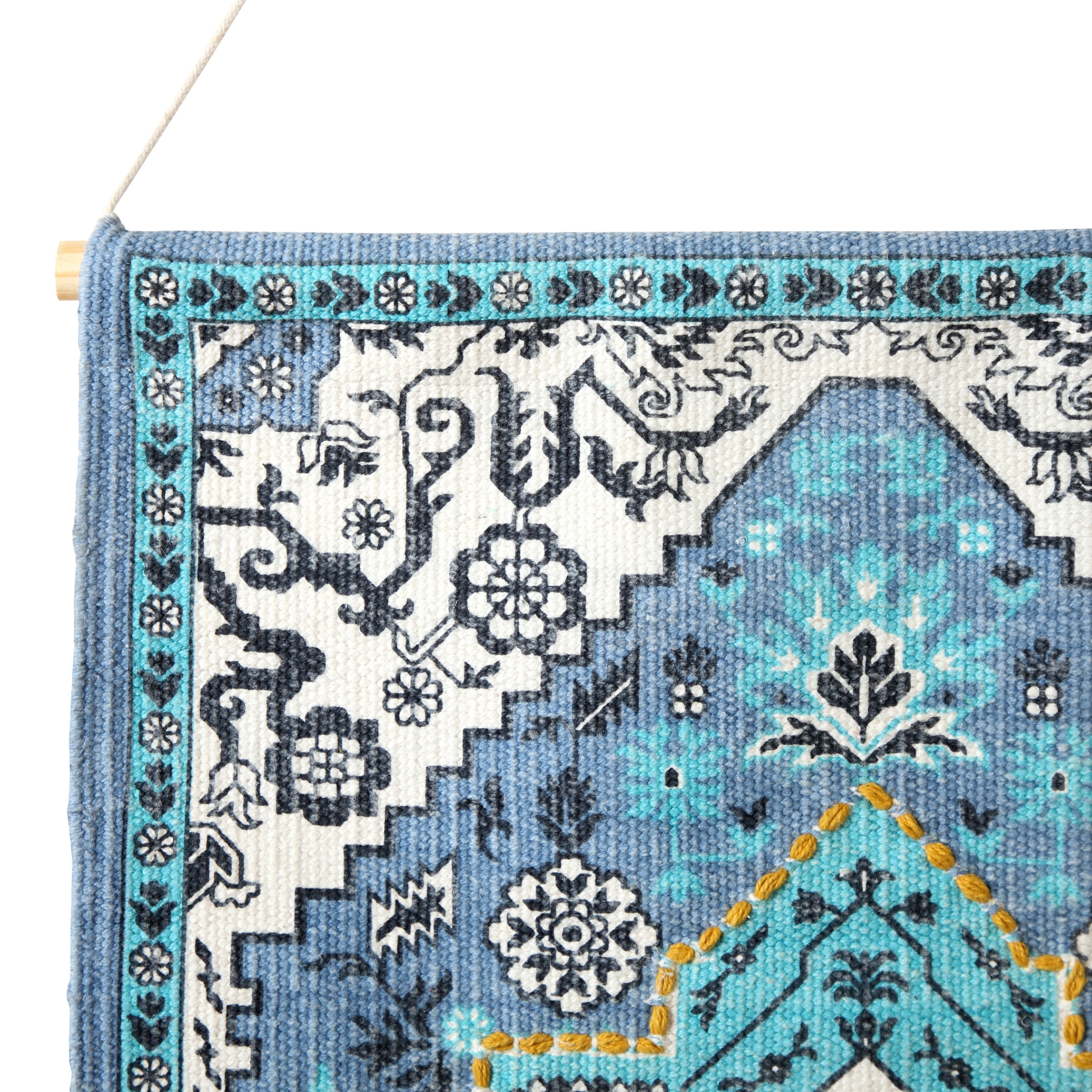 Ox Bay Xavi Teal Blue/White Boho Floral with Fringe Wall Hanging, 25.5" x 45"