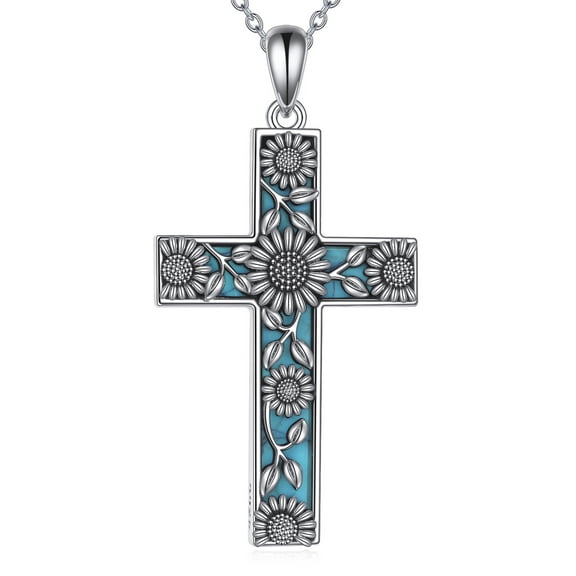 Sunflower Cross Necklace S925 Sterling Silver Turquoise Cross Pendant Necklaces Sunflower Jewelry Gifts for Women