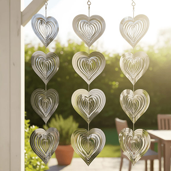 12 Pcs Heart Bird Deterrent Devices, 19.67 in / 50 cm Metal Wind Spinner, 3.93 in / 10 cm Heart Bird Scare Discs Set, Outdoor Garden Decor, Reflective, Stainless Steel