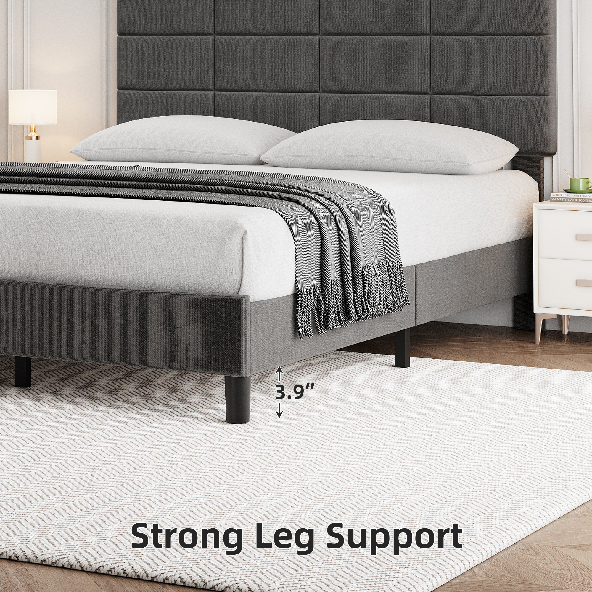 Twin/Full/Queen/King Size Bed Frame with Headboard, Upholstered Linen Platform Bed Frame with Solid Wooden Slats Support No Box Spring Needed, Noise-Free, Easy Assembly, Grey