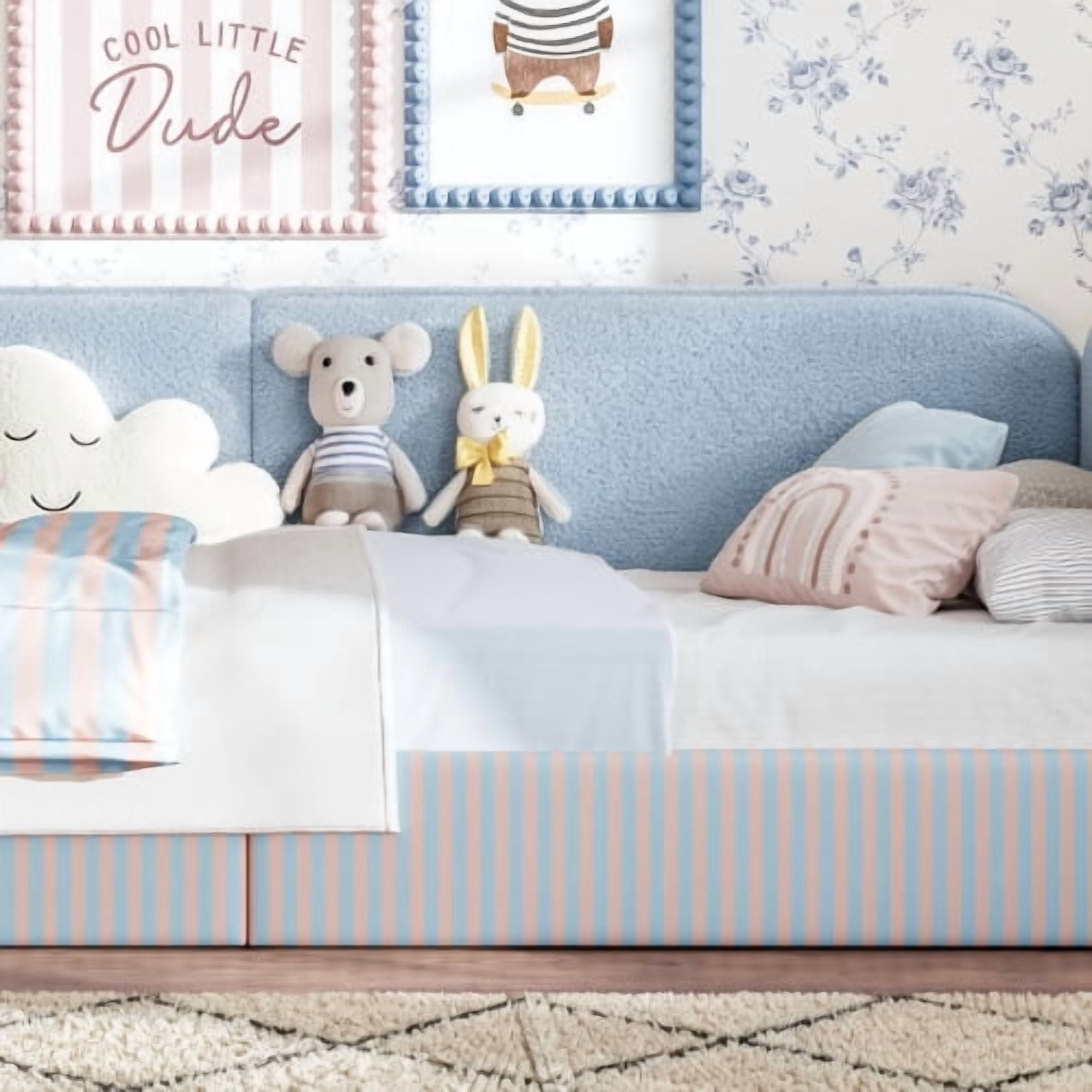 Twin Size Upholstered Teddy Fleece Floor Bed Frame, Half-Enclosed Montessori Low Profile Platform Bed with Full-Perimeter Guardrails for Kids, Blue
